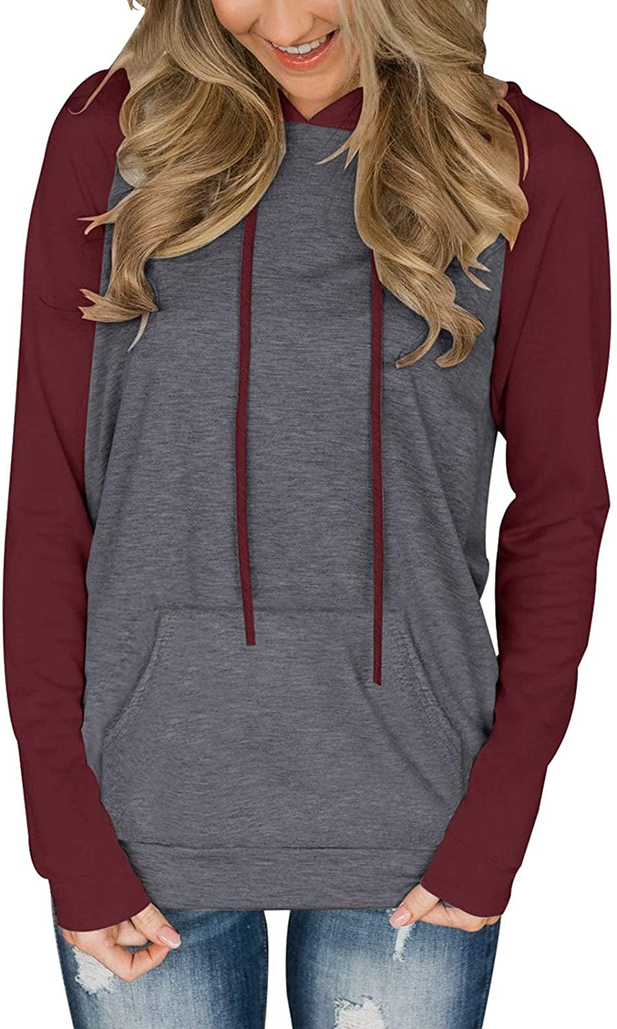 PINKMSTYLE Womens Color Block Hoodies Casual Lightweight Drawstring Pullover Sweatshirt Fall Long Sleeve Tops with Pocket Apparel & Accessories > Clothing > Activewear Kylie Max   