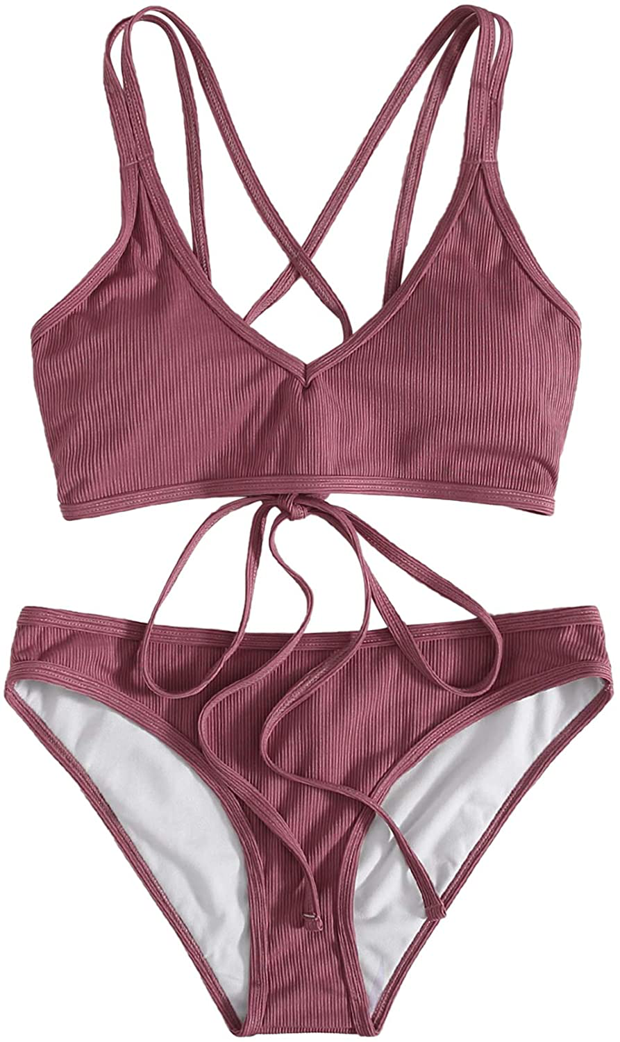 SweatyRocks Women's Bathing Suits Spaghetti Strap Criss Cross Back Bikini Ribbed Swimsuit Apparel & Accessories > Clothing > Swimwear SweatyRocks Redwood Medium 