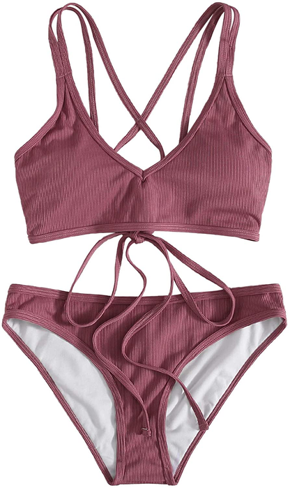 SweatyRocks Women's Bathing Suits Spaghetti Strap Criss Cross Back Bikini Ribbed Swimsuit Apparel & Accessories > Clothing > Swimwear SweatyRocks Redwood Medium 