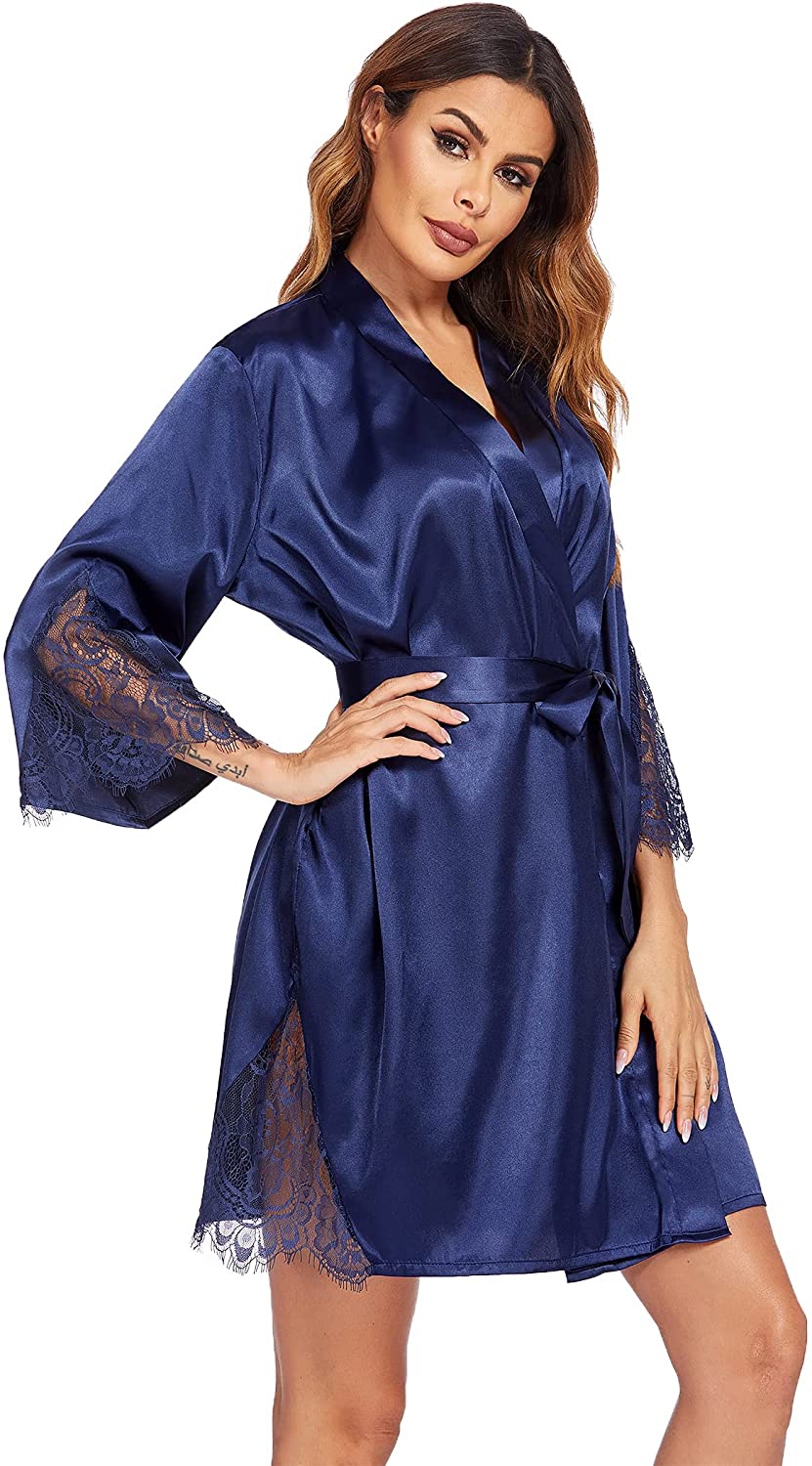 Ekouaer Womens Silk Robes Satin Bathrobe Lace-Trim Bride Party Loungewear Bridesmaids Kimono Robes Apparel & Accessories > Clothing > Sleepwear & Loungewear > Robes Ekouaer Navy Blue X-Large 