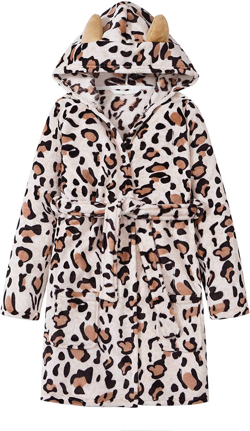 Leopard Cat Robe for Girls Fleece Toddler Kids Teen Hooded Bathrobe Size 4T - 18 Apparel & Accessories > Clothing > Sleepwear & Loungewear > Robes Kylie Max   