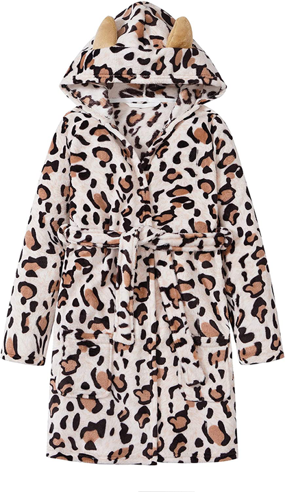 Leopard Cat Robe for Girls Fleece Toddler Kids Teen Hooded Bathrobe Size 4T - 18 Apparel & Accessories > Clothing > Sleepwear & Loungewear > Robes Kylie Max   
