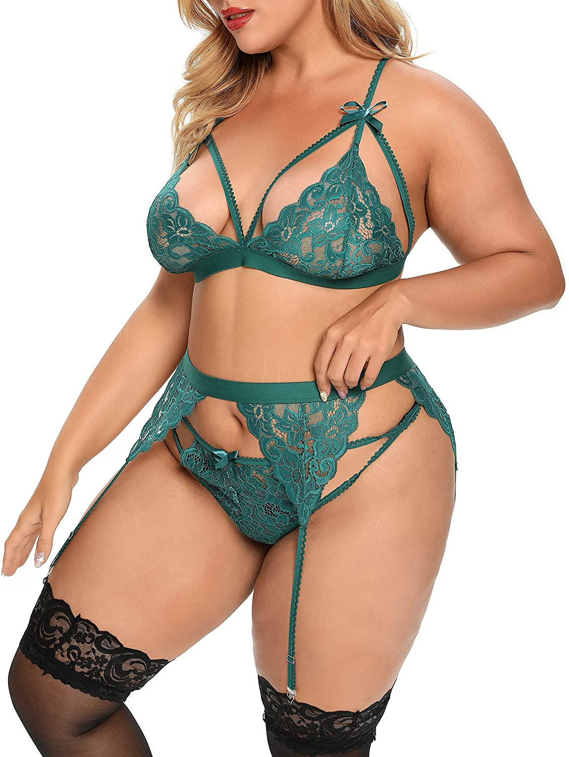 Women plus Size Lingerie Set with Garter Belt 3 Piece Sexy Strap Bra and Panty Lace Bodysuit Apparel & Accessories > Clothing > Underwear & Socks > Lingerie KYLIE MAX   
