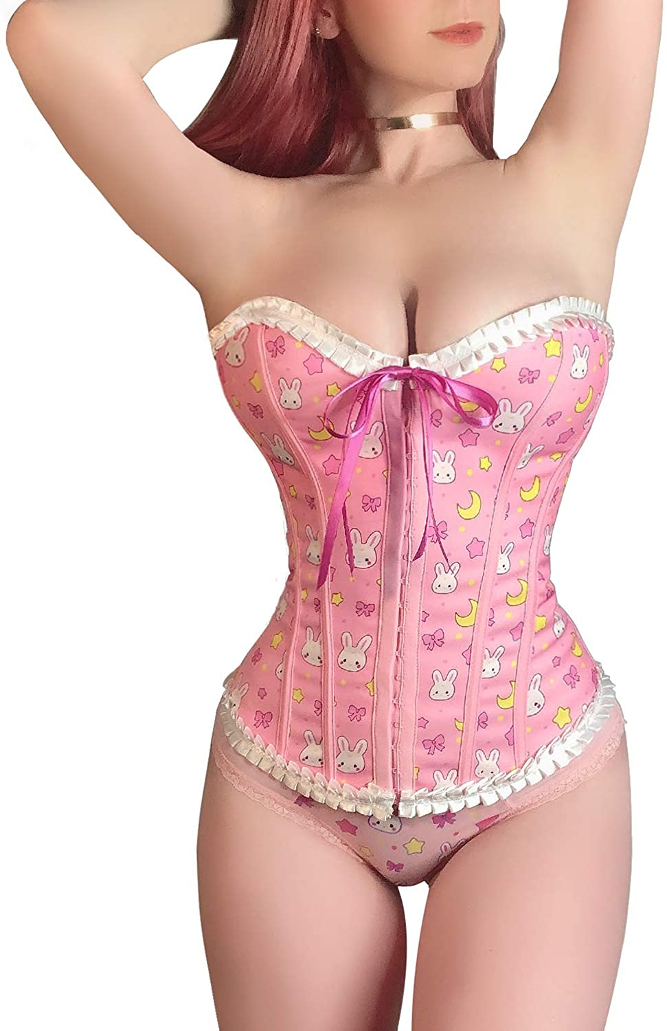 Littleforbig Women'S Lace up Boned Overbust Corset Bustier Bodyshaper Top - Usagi Moon Pattern Apparel & Accessories > Clothing > Underwear & Socks > Lingerie Littleforbig   