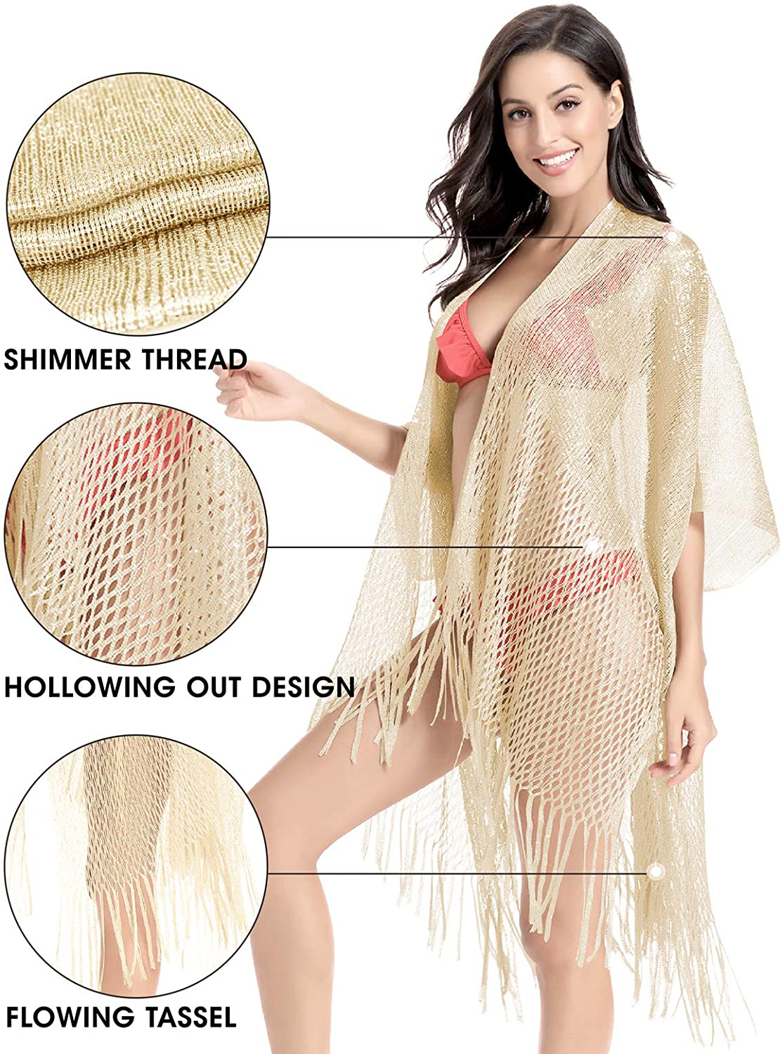 Metallic Sparkly Kimono Cardigan Swimsuit Beach Bikini Cover Ups Open Front Casual Blouse Tops Apparel & Accessories > Clothing > Swimwear Kylie Max   