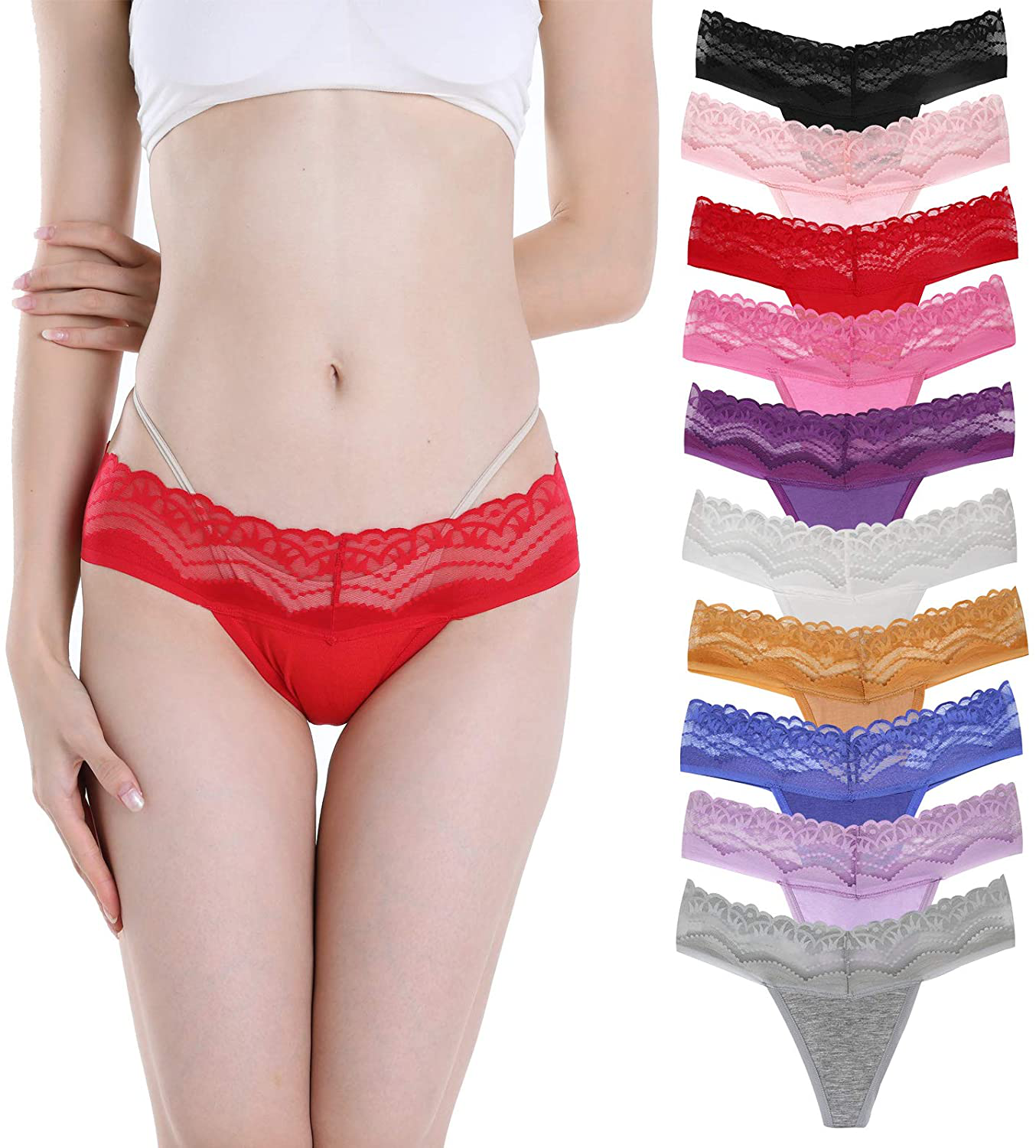 Women's Lace Thongs, T Back Low Waist See Through Panties Sexy Seamless V-Shape Design Lace Thongs for Women Apparel & Accessories > Clothing > Underwear & Socks > Underwear Delcroix Multicolored F - 10 Pack Medium 