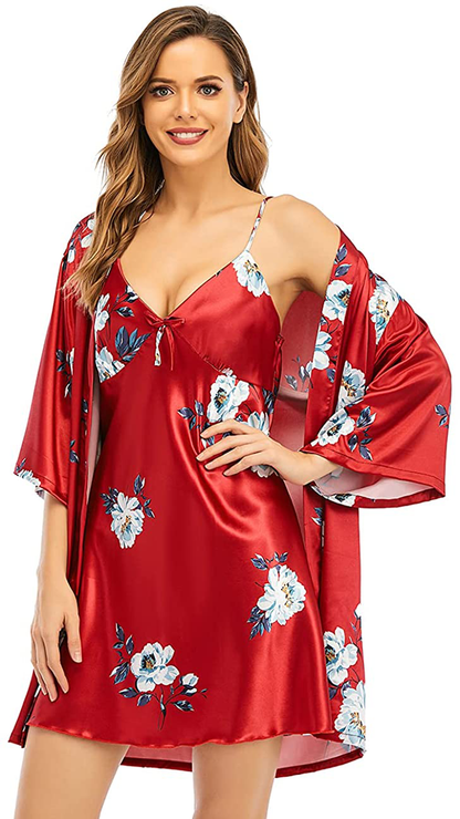 Escalier Womens Silk Satin Pajamas Set 2Pcs Silky Pj Sleepwear Lapel Loungewear Apparel & Accessories > Clothing > Sleepwear & Loungewear > Robes Escalier Wine Floral Small 