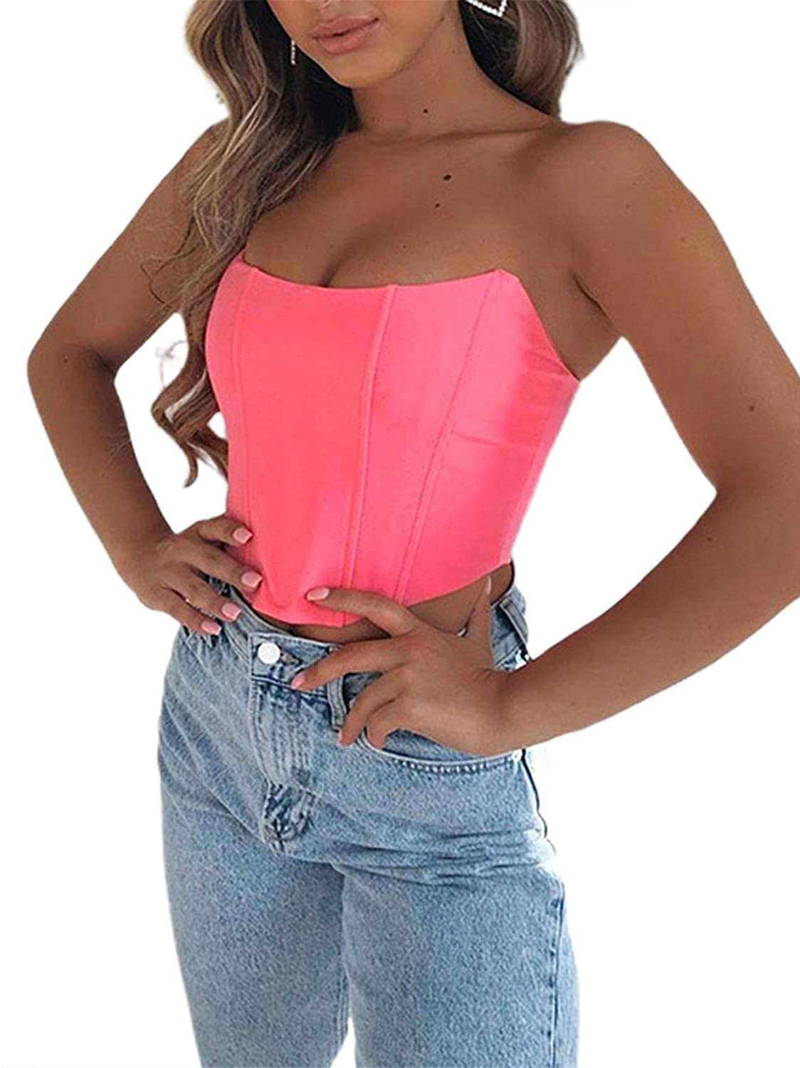 Sexy Women Push up Bustiers Corsets Strapless off Shoulder Slim Crop Tops Clubwear Party Outwear Apparel & Accessories > Clothing > Underwear & Socks > Lingerie hirigin Pink Medium 