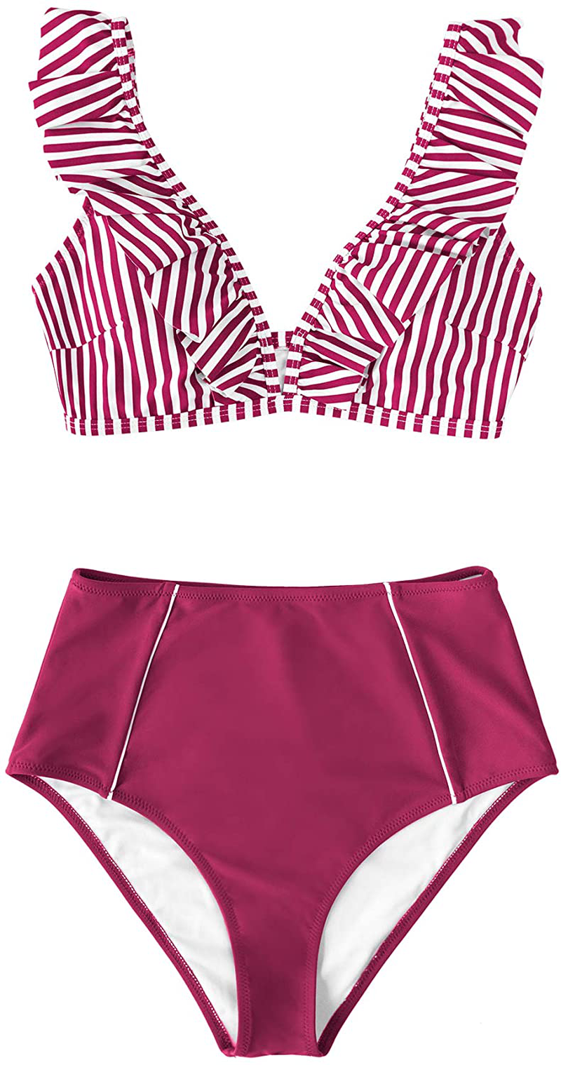 CUPSHE Women's High Waist Bikini Swimsuit Ruffle Floral Print Two Piece Bathing Suit Apparel & Accessories > Clothing > Swimwear CUPSHE   