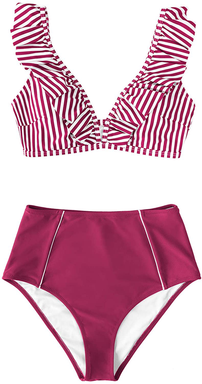 CUPSHE Women's High Waist Bikini Swimsuit Ruffle Floral Print Two Piece Bathing Suit Apparel & Accessories > Clothing > Swimwear CUPSHE   
