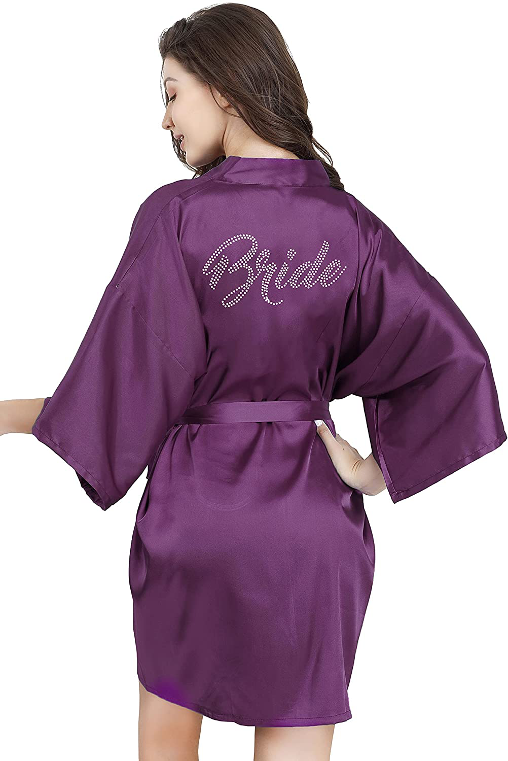 EPLAZA Women'S One Size Silver Rhinestones Bride Bridesmaid Short Satin Robes for Wedding Party Getting Ready Apparel & Accessories > Clothing > Sleepwear & Loungewear > Robes Kylie Max   