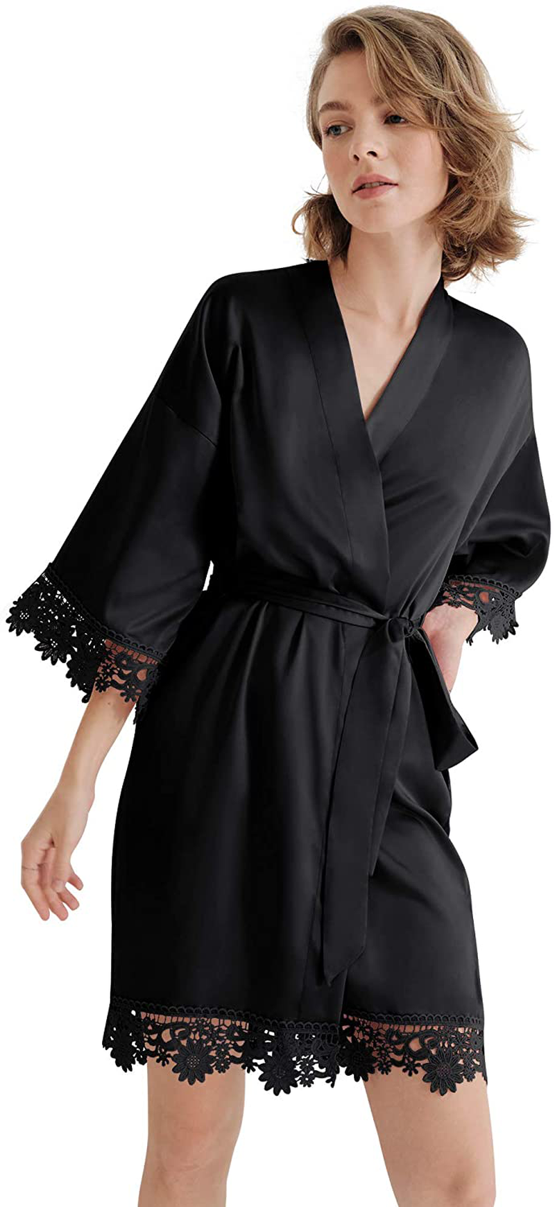 SIORO Women'S Satin Robe Lace Silk Kimono Robes Short for Bridesmaid Wedding Party Nightgown, Small~X-Large Apparel & Accessories > Clothing > Sleepwear & Loungewear > Robes KYLIE MAX Black Medium 