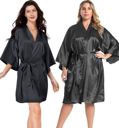 EPLAZA Women Silky Satin Robe Wedding Bridal Party Bride Bridesmaid Robes Kimono Loungewear Dressing Gowns Apparel & Accessories > Clothing > Sleepwear & Loungewear > Robes EPLAZA Black XX-Large-3X-Large 