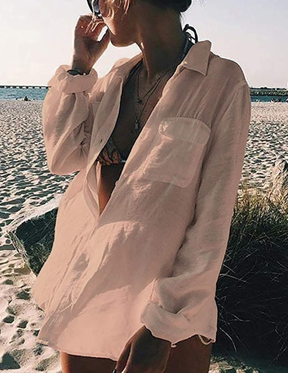 Bsubseach Women Long Sleeve Beach Shirt Blouses Turn down Collar Bathing Suit Cover Ups Apparel & Accessories > Clothing > Swimwear Kylie Max   