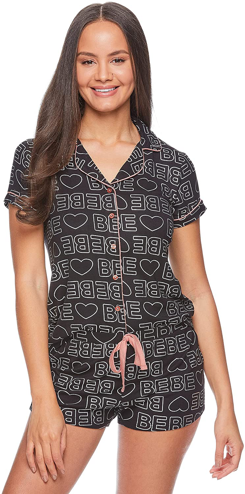 bebe Womens Pajama Sets Button Down Shirt and Shorts Sleepwear Lounge PJ Sets Apparel & Accessories > Clothing > Sleepwear & Loungewear > Pajamas bebe Black 1 2X 