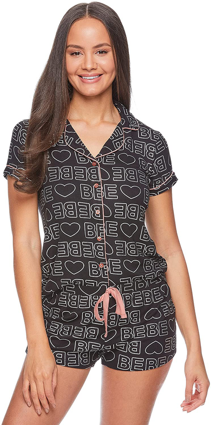 bebe Womens Pajama Sets Button Down Shirt and Shorts Sleepwear Lounge PJ Sets Apparel & Accessories > Clothing > Sleepwear & Loungewear > Pajamas bebe Black 1 2X 