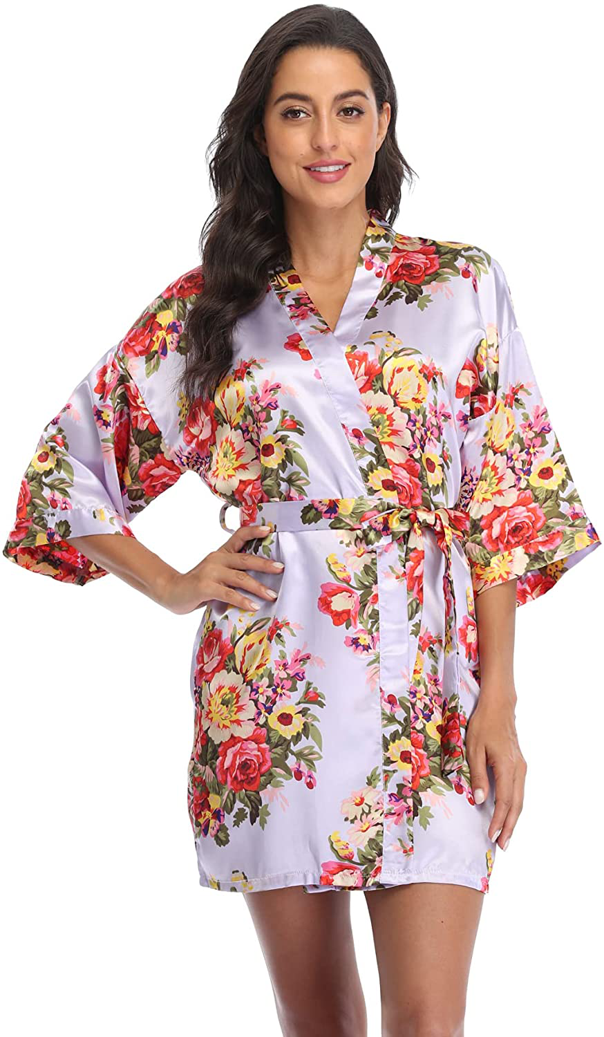 Floral Robes for Women Bride Bridesmaid Short Kimono Robe Satin Dressing Gown for Wedding Party Apparel & Accessories > Clothing > Sleepwear & Loungewear > Robes CostumeDeals   