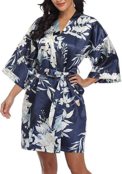 VOGMATE Women'S Floral Satin Short Robe for Bridesmaid Bride Silk Kimono Robe Dressing Gown for Wedding Party Apparel & Accessories > Clothing > Sleepwear & Loungewear > Robes VOGMATE Floral-navy B Medium 