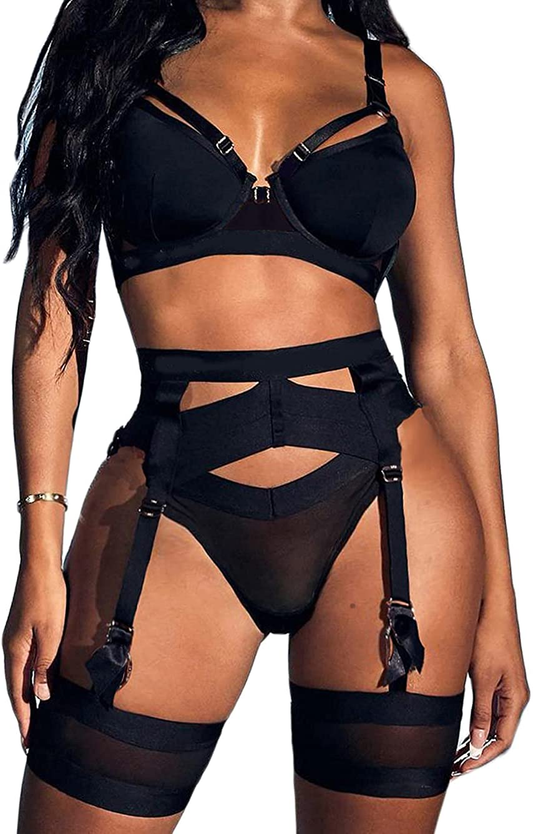 Garter Lingerie for Women,Sexy Lace Lingerie,Sheer Matching 4 Piece Lingerie Set Apparel & Accessories > Clothing > Underwear & Socks > Lingerie Kaei&Shi Black 14 