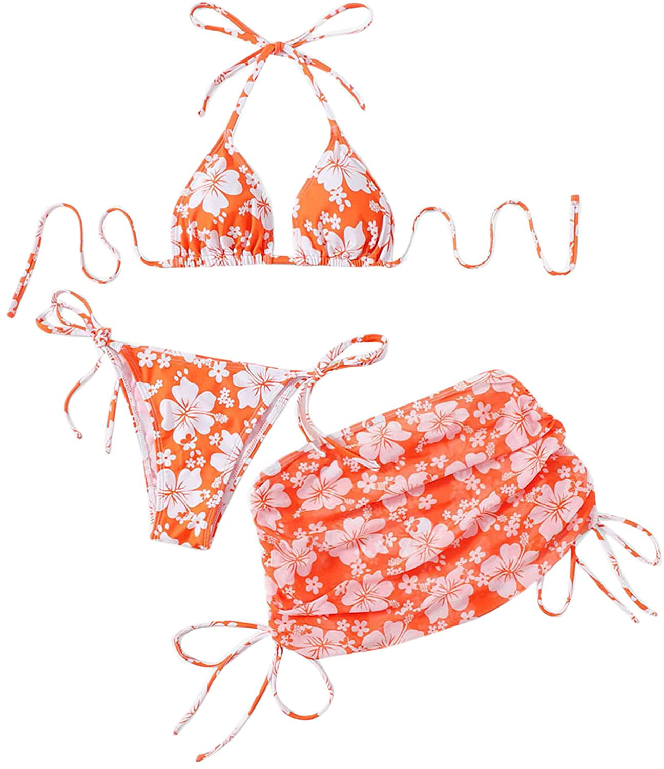 SOLY HUX Women's Wrap Triangle Bikini Bathing Suits with Mesh Beach Skirt 3 Piece Swimsuits Apparel & Accessories > Clothing > Swimwear KYLIE MAX Orange Floral Medium 