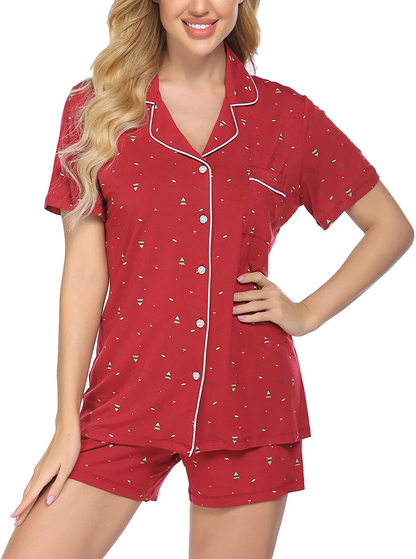 Ekouaer Pajamas Set Short Sleeve Sleepwear Womens Button Down Nightwear Soft Pj Lounge Sets XS-XXL Apparel & Accessories > Clothing > Sleepwear & Loungewear > Pajamas Ekouaer Pat1-christmas Tree Large 