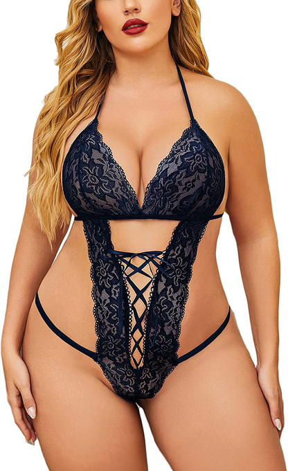 Avidlove Women Deep V Halter Lingerie Teddy One Piece Babydoll Lace Mini Bodysuit Apparel & Accessories > Clothing > Underwear & Socks > Lingerie Avidlove Navy Blue Medium 