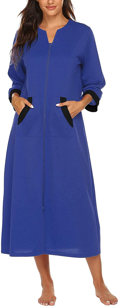 Ekouaer Women Zipper Robe 3/4 Sleeves Loungewear Full Length Sleepwear Pockets Housecoat Long Soft Bathrobe Apparel & Accessories > Clothing > Sleepwear & Loungewear > Robes Ekouaer Style 1-snorkel Blue Large 