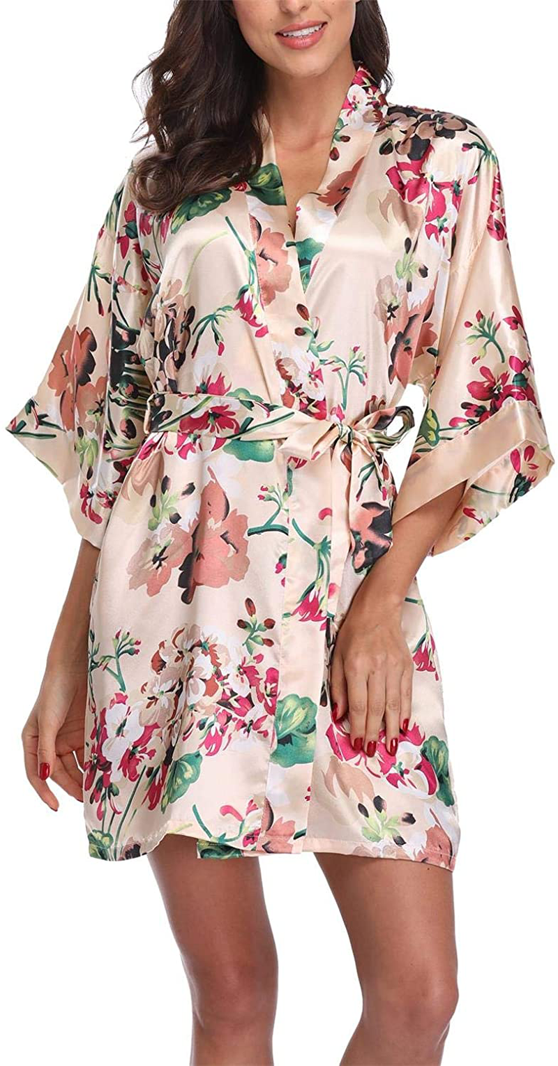 Season Dressing Women Floral Robes Bridesmaids Short Satin Kimono Sleepwear for Wedding Party Apparel & Accessories > Clothing > Sleepwear & Loungewear > Robes season dressing Blossom Champagne X-Large 