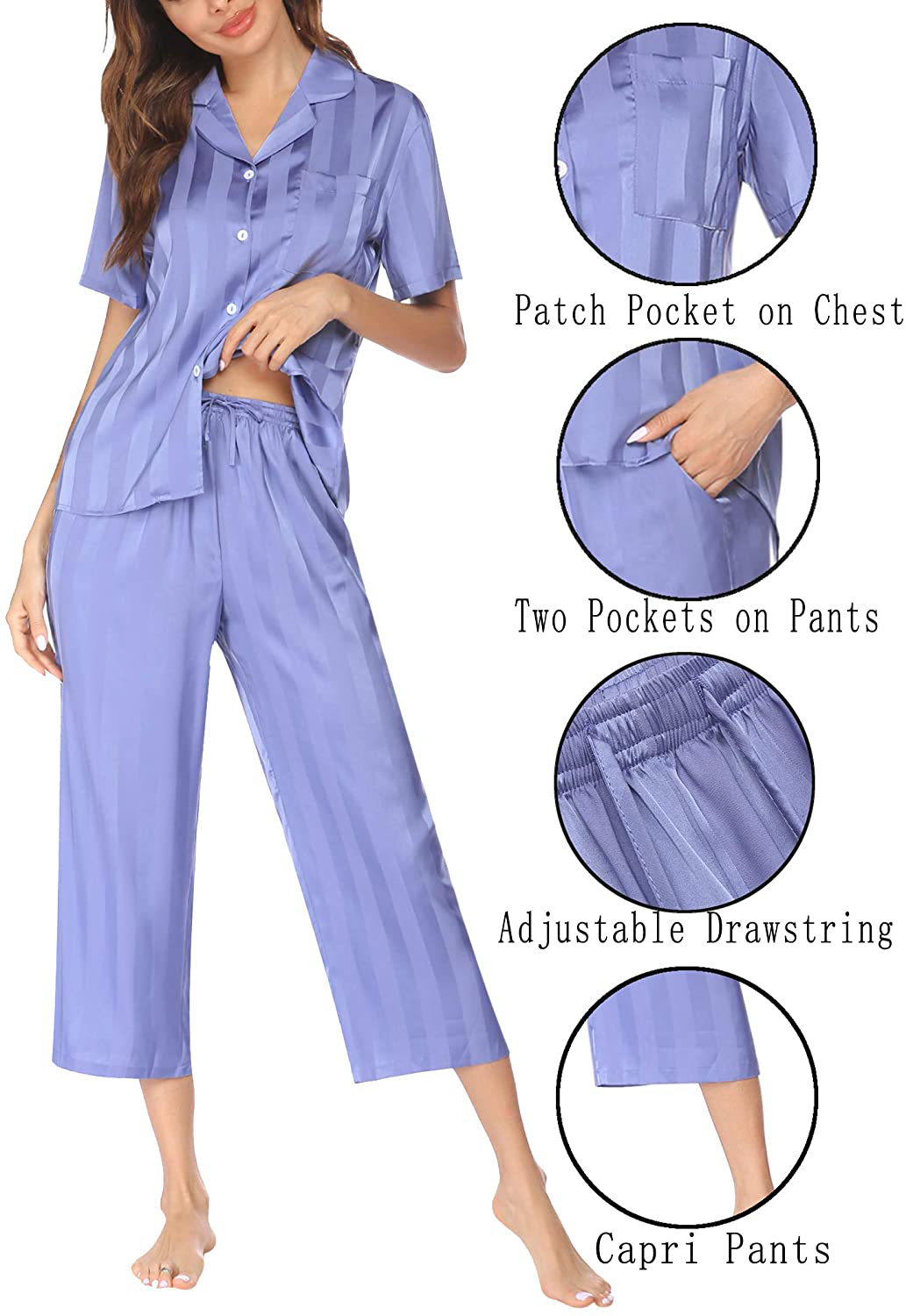 Ekouaer Women Silk Satin Pajamas Button down Lounge Sets Short Sleeve Sleepwear Apparel & Accessories > Clothing > Sleepwear & Loungewear > Pajamas Kylie Max   