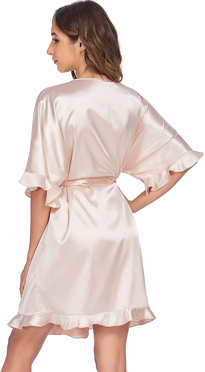 Ekouaer Women Satin Robe Ruffle Hem Kimono Short Robe V-Neck Pure Color Bridesmaid Wedding Party Dressing Gown Sleepwear Apparel & Accessories > Clothing > Sleepwear & Loungewear > Robes Ekouaer   
