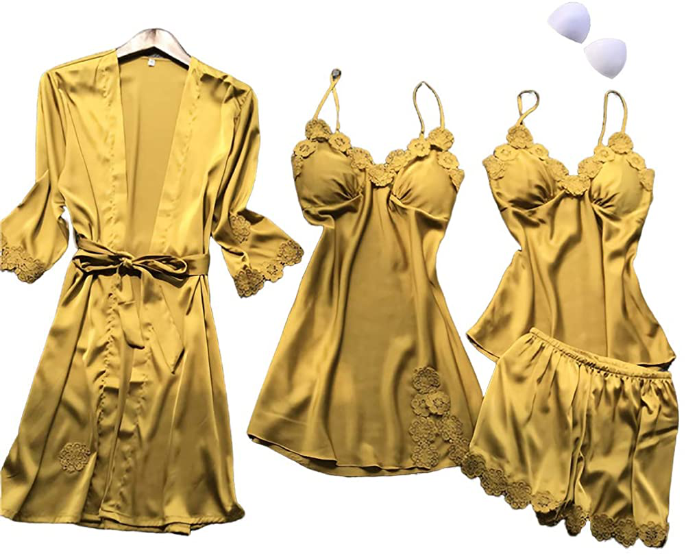 SAPJON Women'S 4Pcs Silk Satin Pajama Set Sexy Cami Top Nightgown Lace Sleepwear Robe Sets Nightdress with Chest Pads Apparel & Accessories > Clothing > Sleepwear & Loungewear Kylie Max   