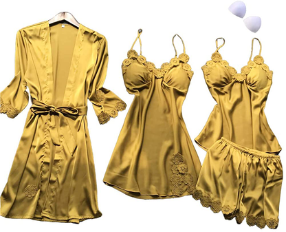 SAPJON Women'S 4Pcs Silk Satin Pajama Set Sexy Cami Top Nightgown Lace Sleepwear Robe Sets Nightdress with Chest Pads Apparel & Accessories > Clothing > Sleepwear & Loungewear Kylie Max   