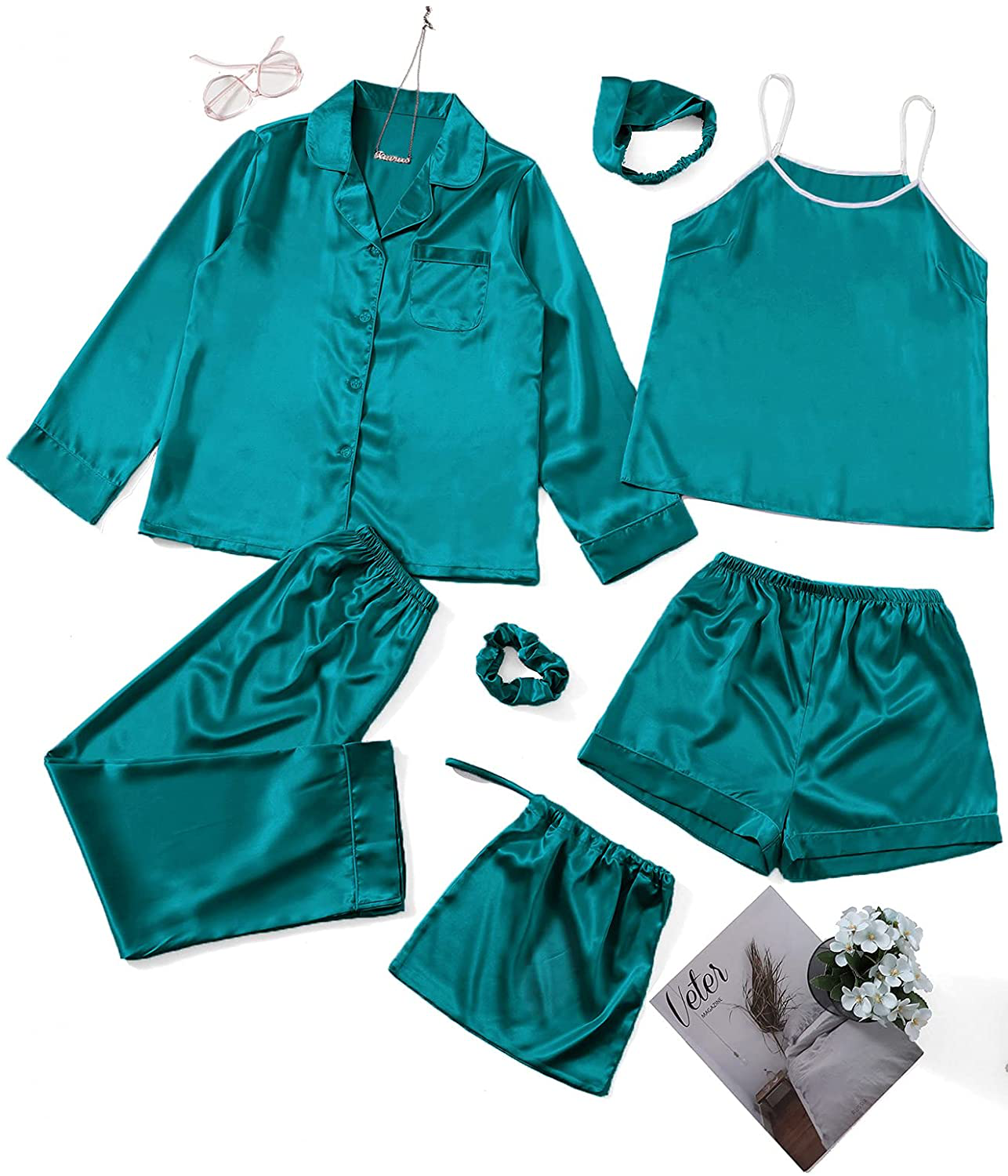 SheIn Women's 7pcs Pajama Set Cami Pjs with Shirt and Eye Mask Apparel & Accessories > Clothing > Sleepwear & Loungewear > Pajamas SheIn Deep Green Large 
