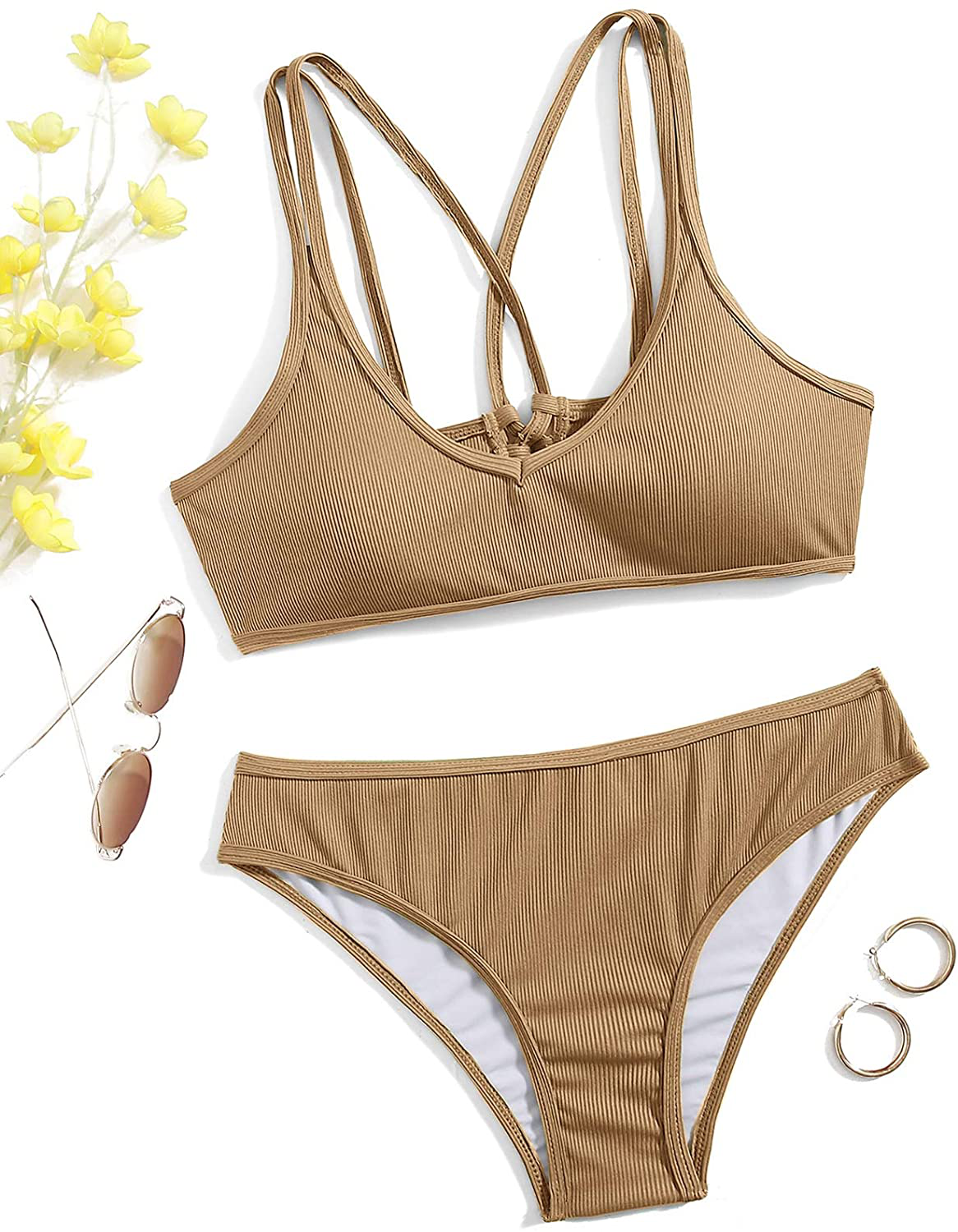 SweatyRocks Women's Bathing Suits Spaghetti Strap Criss Cross Back Bikini Ribbed Swimsuit Apparel & Accessories > Clothing > Swimwear SweatyRocks   