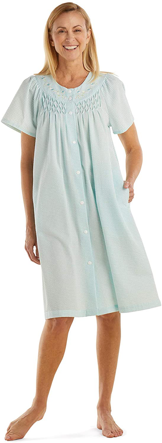 Miss Elaine Robe - Women'S Short Seersucker Robe, Snap Front and Short Sleeves, Two Front Pockets, Sleepwear and Loungewear Apparel & Accessories > Clothing > Sleepwear & Loungewear > Robes Miss Elaine Aqua/White Check Large 