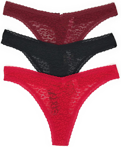 Victoria's Secret PINK Thong Panty Set of 3 Apparel & Accessories > Clothing > Underwear & Socks > Underwear Victoria's Secret Leo Lace Cranberry / Black / Red Large 