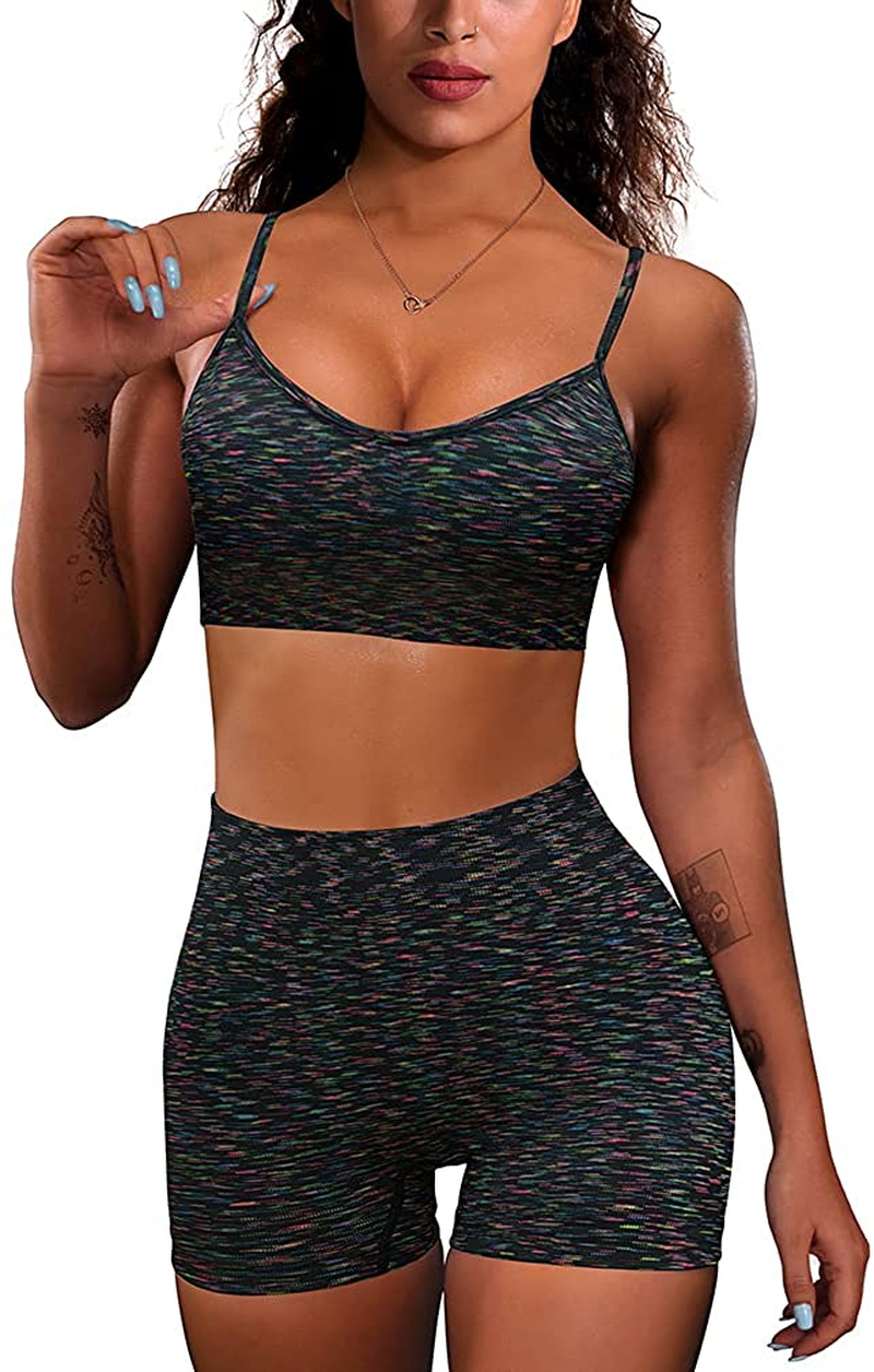 OQQ Yoga Outfit for Women Seamless 2 Piece Workout Gym High Waist Leggings with Sport Bra Set Apparel & Accessories > Clothing > Underwear & Socks > Lingerie HZSN E: Rainbow-black Large 