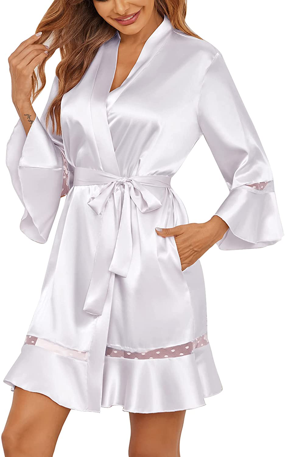 Ekouaer Women'S Satin Robe Lace Kimono Bridesmaids Robe Short Ruffle Hem Silky Bathrobe 3/4 Sleeve Night Robe S-XXL Apparel & Accessories > Clothing > Sleepwear & Loungewear > Robes Ekouaer   
