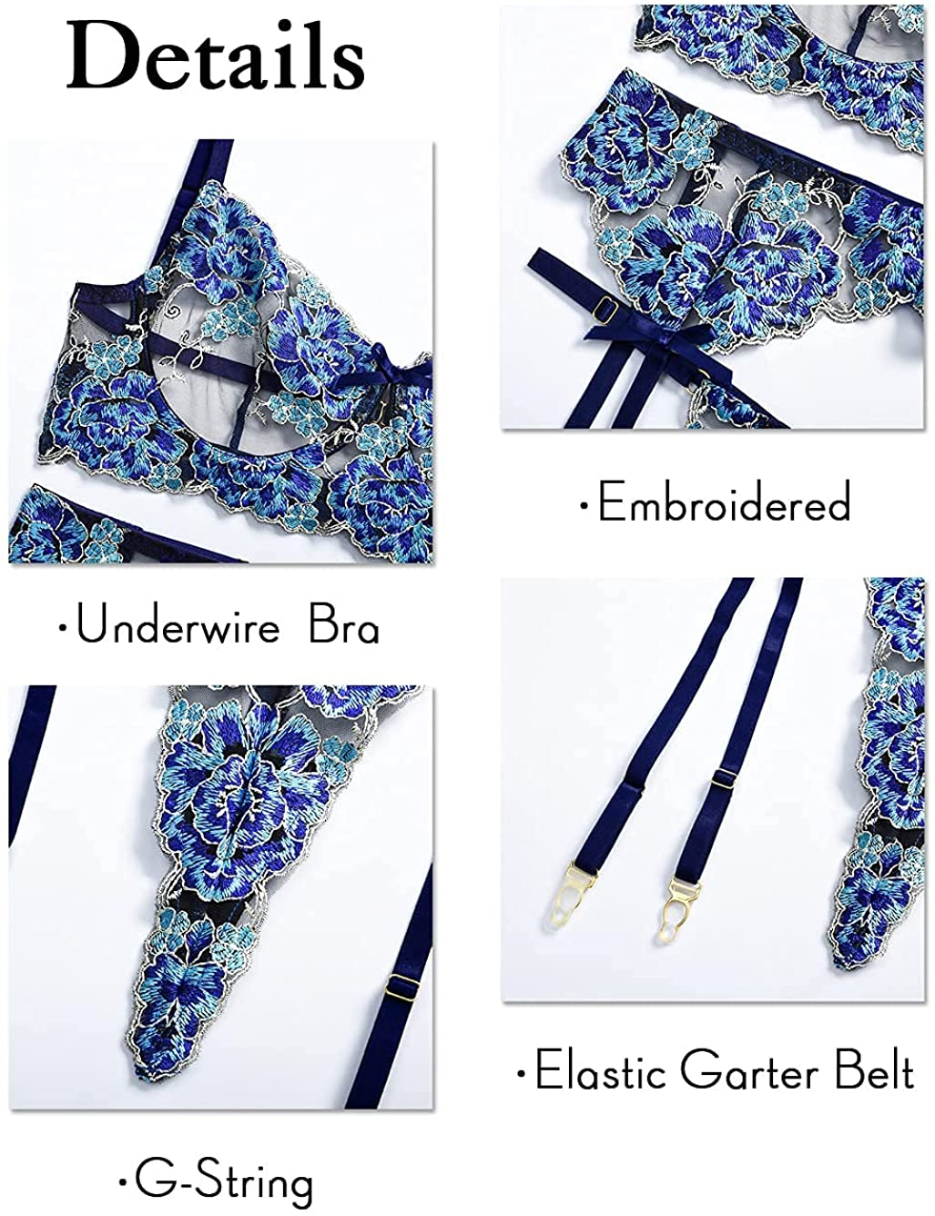 Garter Lingerie for Women,Sexy Lace Lingerie,Sheer Matching 3 Piece Lingerie Set Apparel & Accessories > Clothing > Underwear & Socks > Lingerie Kaei&Shi   