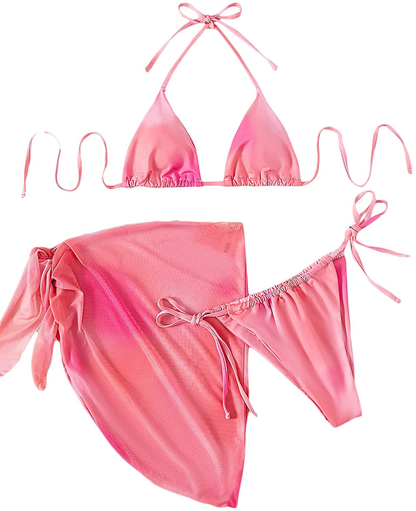 SOLY HUX Women's Wrap Triangle Bikini Bathing Suits with Mesh Beach Skirt 3 Piece Swimsuits Apparel & Accessories > Clothing > Swimwear KYLIE MAX Ombre Pink Large 