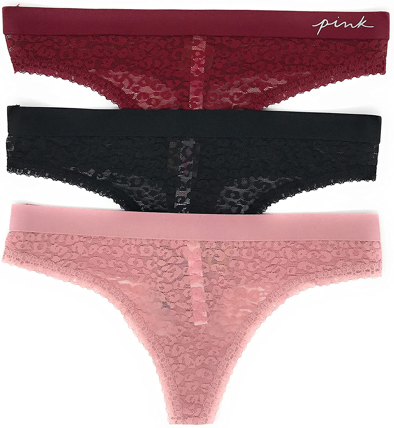Victoria's Secret PINK Thong Panty Set of 3 Apparel & Accessories > Clothing > Underwear & Socks > Underwear Victoria's Secret Lace Cranberry / Black / Damsel Pink Large 
