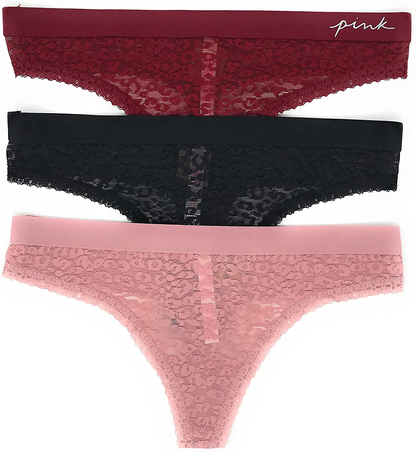 Victoria's Secret PINK Thong Panty Set of 3 Apparel & Accessories > Clothing > Underwear & Socks > Underwear Victoria's Secret Lace Cranberry / Black / Damsel Pink Large 