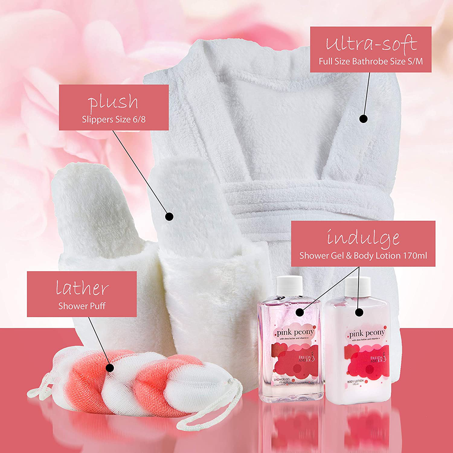 Home Spa Gift Basket Luxury Bathrobe & Slipper Spa Box for Women - Pink Peony Scent - Luxury Bath & Body Set for Women - Body Lotion, Shower Gel, Puff, Ultra Soft Full Length Bathrobe, Plush Slippers Apparel & Accessories > Clothing > Sleepwear & Loungewear > Robes Kylie Max   