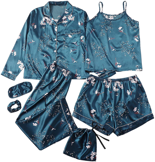 Shein Women'S 7Pcs Printed Cami and Shorts Satin Pajama Set with Shirt and Eye Mask Apparel & Accessories > Clothing > Sleepwear & Loungewear Kylie Max   