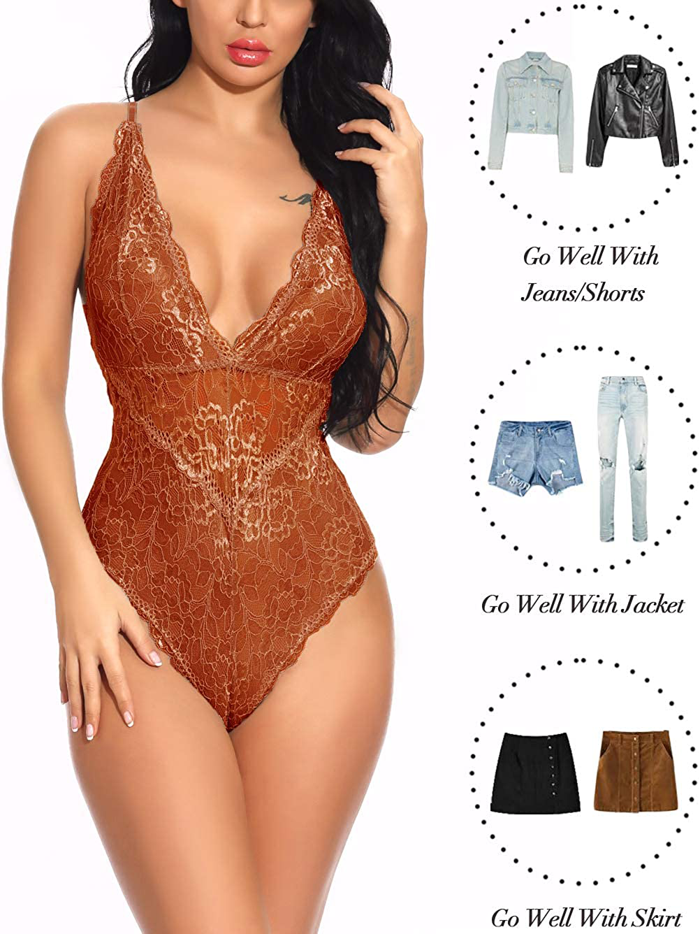 Kaei&Shi V-Neck See Through Lingerie Floral Lace Babydoll Sexy Lingerie for Women One Piece Bodysuit Apparel & Accessories > Clothing > Underwear & Socks > Lingerie Kaei&Shi   
