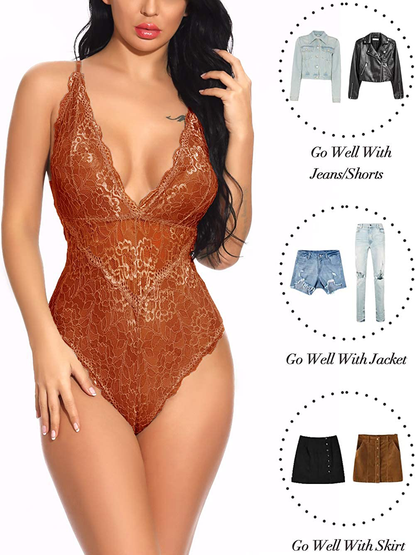 Kaei&Shi V-Neck See Through Lingerie Floral Lace Babydoll Sexy Lingerie for Women One Piece Bodysuit Apparel & Accessories > Clothing > Underwear & Socks > Lingerie Kaei&Shi   