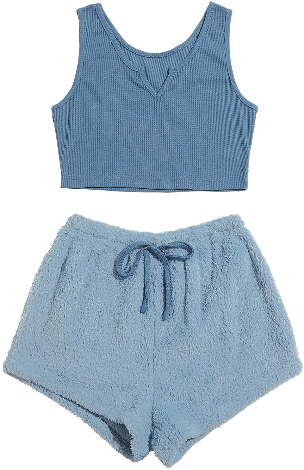 Verdusa Women'S 2 Piece PJ Set Notched Tank Top & Teddy Shorts Fuzzy Lounge Pajama Set Apparel & Accessories > Clothing > Sleepwear & Loungewear Kylie Max   