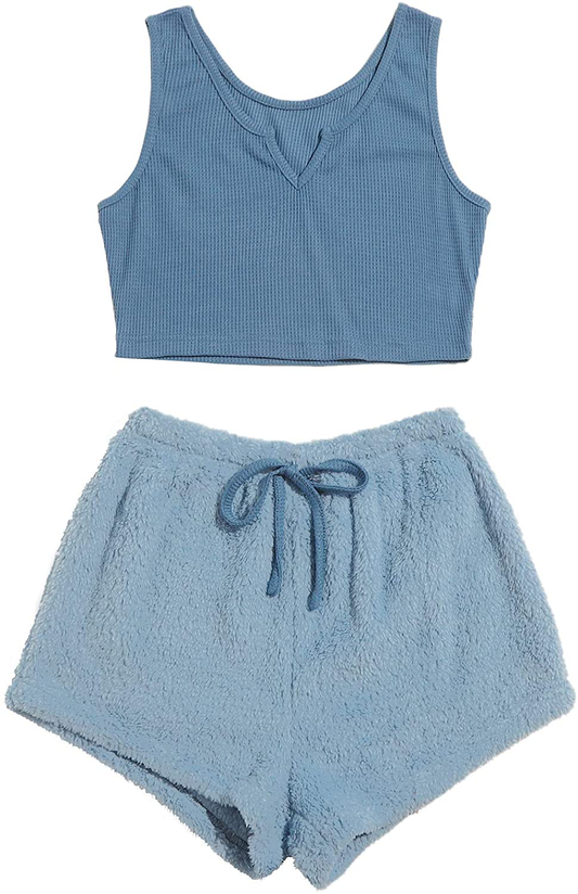 Verdusa Women'S 2 Piece PJ Set Notched Tank Top & Teddy Shorts Fuzzy Lounge Pajama Set Apparel & Accessories > Clothing > Sleepwear & Loungewear Kylie Max   