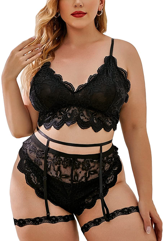 Kaei&Shi Floral Lace,V Neck Bralette,High Waisted Panty,Thigh Straps Belt,Plus Size Garter Lingerie Apparel & Accessories > Clothing > Underwear & Socks > Lingerie Kaei&Shi Black 18 Plus 