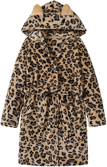 Leopard Cat Robe for Girls Fleece Toddler Kids Teen Hooded Bathrobe Size 4T - 18 Apparel & Accessories > Clothing > Sleepwear & Loungewear > Robes Kylie Max   